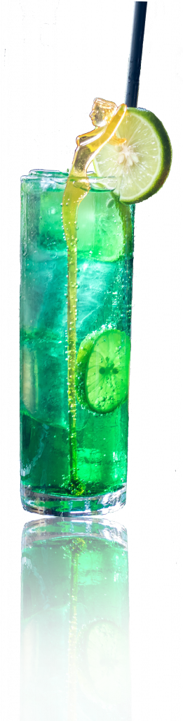 Cup filled with Cool Green Ocean Tea with lemon wedge and straw