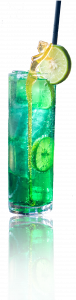 Cup filled with Cool Green Ocean Tea with lemon wedge and straw
